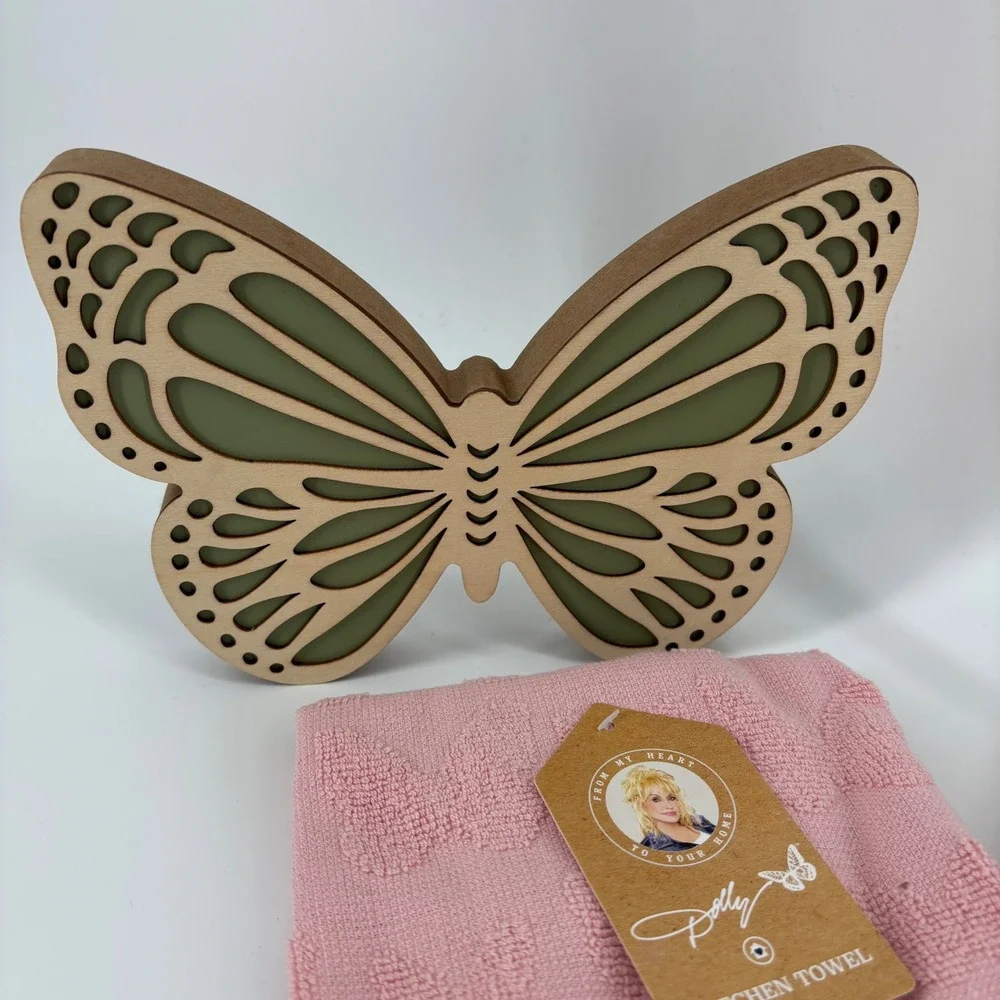 Dolly Parton Kitchen Country Farmhouse Decor Set 5pc Pink Gold Butterfly NWT New